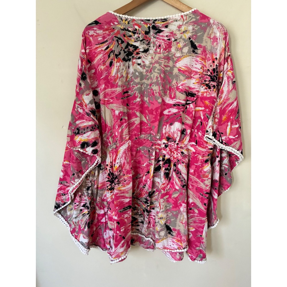 Style & Co Woman Pink Floral Cotton Kaftan Top 3X Crochet Lace Trim Boho Blouse - Picture 5 of 5